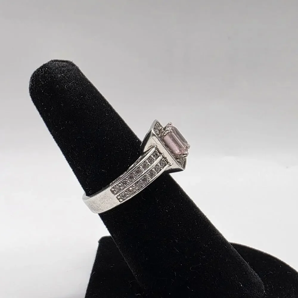 Sterling Silver 925 Pink Tourmaline & White Cubic Zirconia Ring Size 6